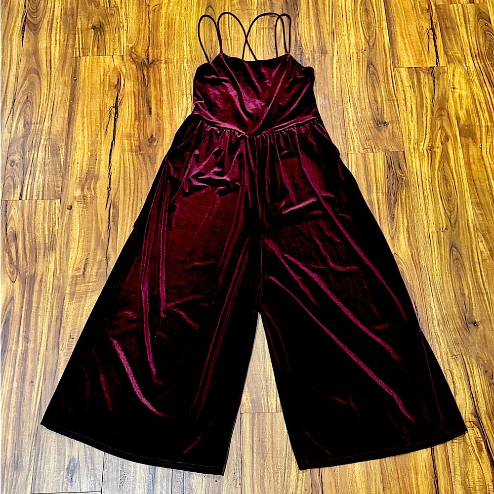 LoveRiche Velvet Strappy-Back Wide Leg Jumpsuit - Burgundy/Medium